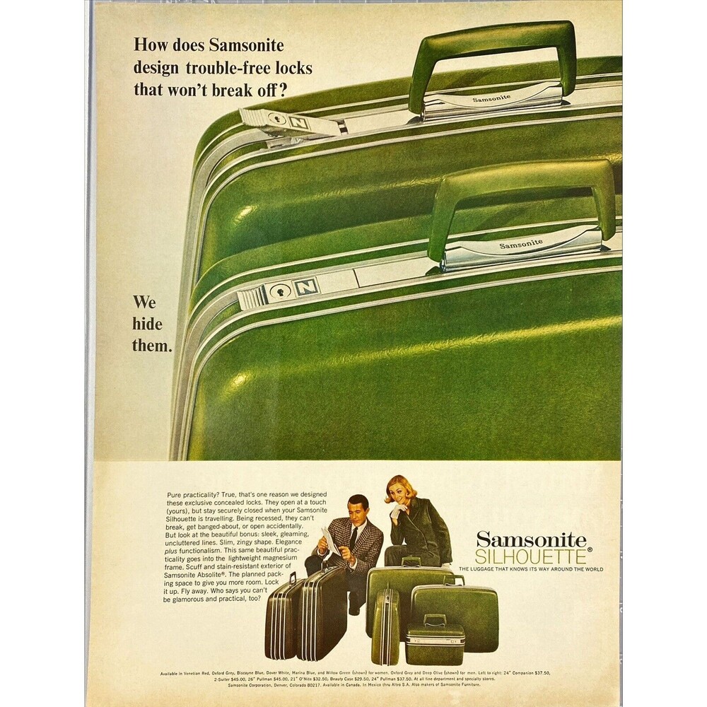 Samsonite Silhouette Luggage "Trouble Free Locks" Vintage Print Ad 1967